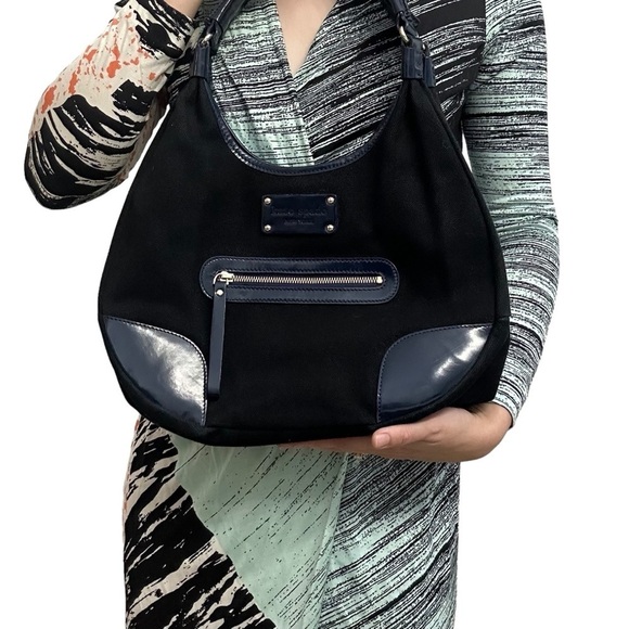 Kate Spade Purse Shoulder Bag Round Navy Blue Black Canvas Chic Minimalist - Picture 8 of 8